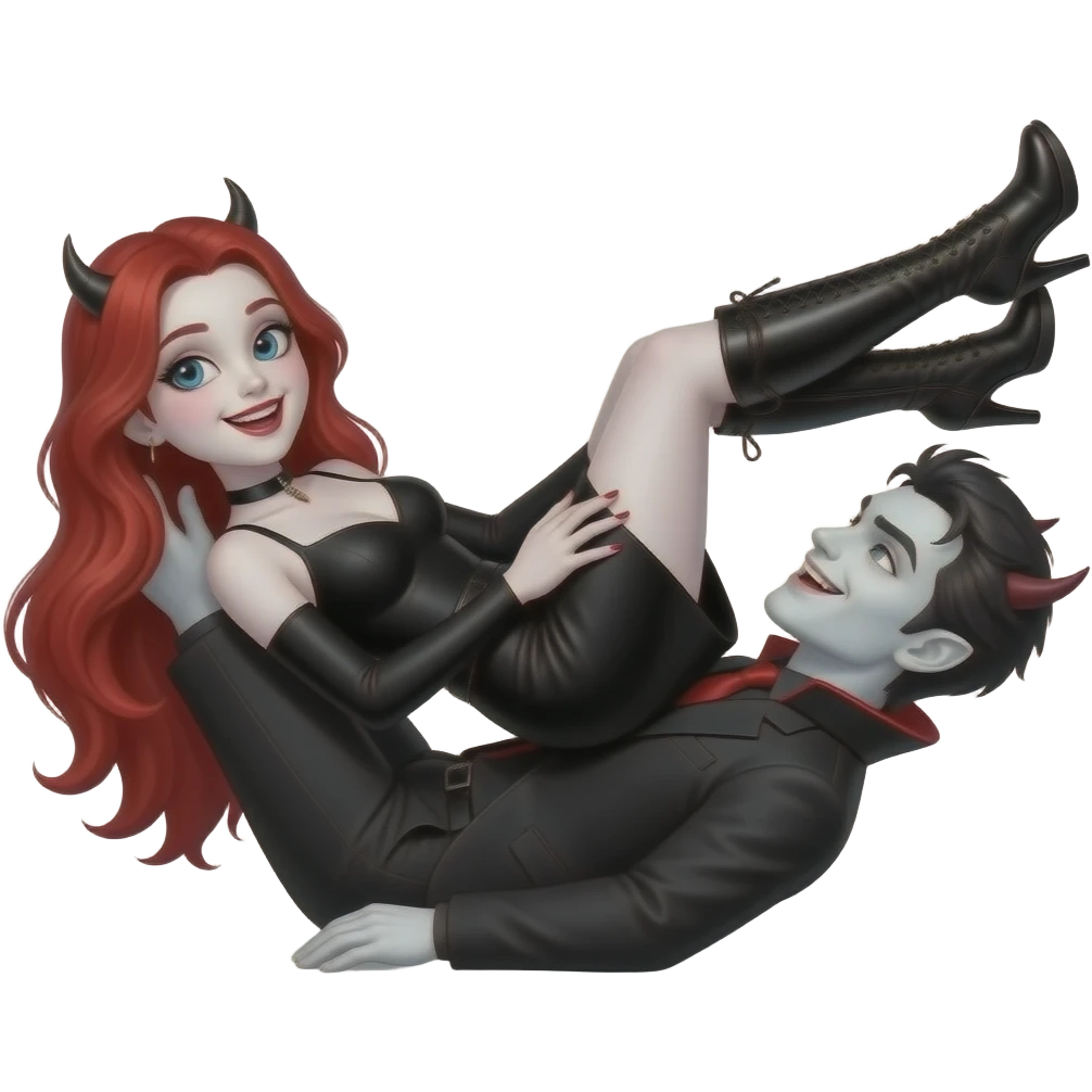 Vampiro femmina ADOLESCENTE con pelle bianca e capelli rossi indossa un vestito con le maniche lunghe nero, gli stivali lunghi neri con il tacco e sta sulla schiena con le GAMBE intorno al collo del suo fidanzato VAMPIRO con la pelle bianca e i capelli neri e sono felici emoji