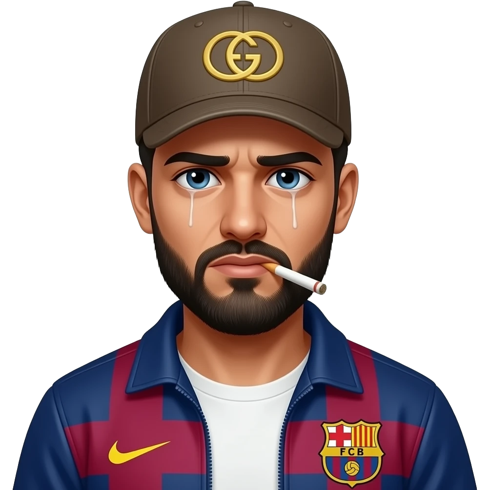 Arabe, avec joint de shit dans la bouche, et les yeux très très  fatigués, veste Barca, casquette Gucci. Rend le dangereux et menancant emoji