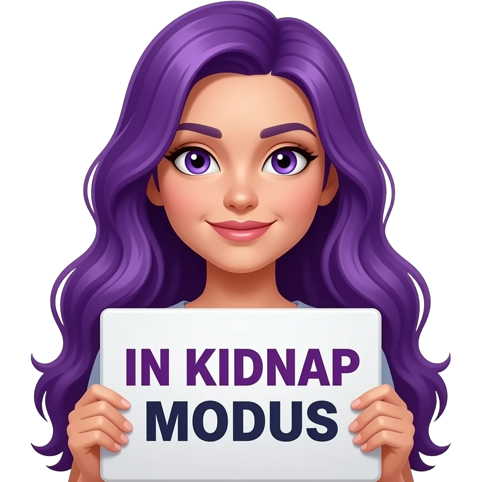 sexy girl with long purple hair and purple eyes holding a IN KIDNAP MODUS sign emoji