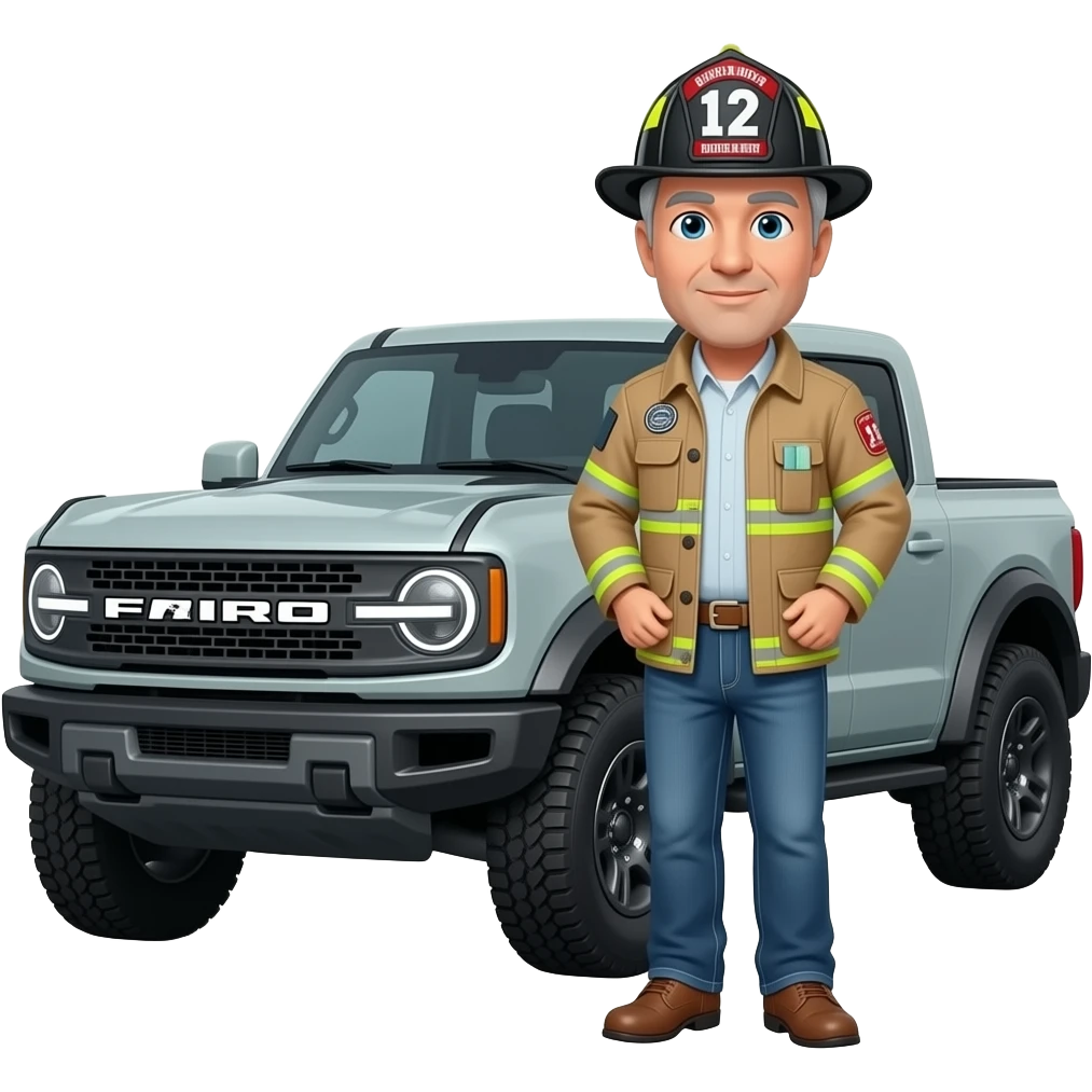 Ford bronco Cartoon emoji-style grey haired man in jeans, cowboy boots, and a firefighter helmet with 12 on the front standing next to marsh gray colored 2025 ford bronco emoji