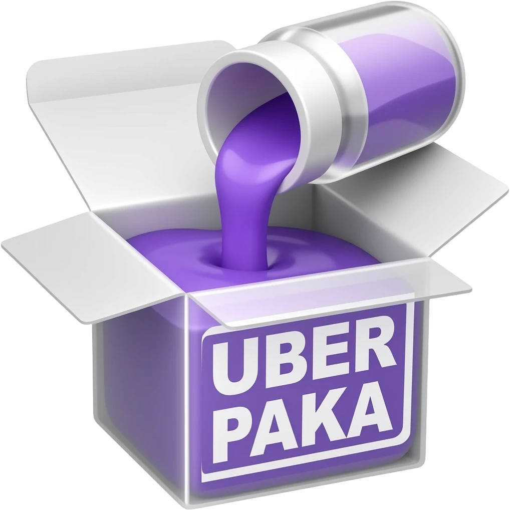 a box from which purple syrup is poured, with a large and legible inscription "UBER PAKA" on the front emoji