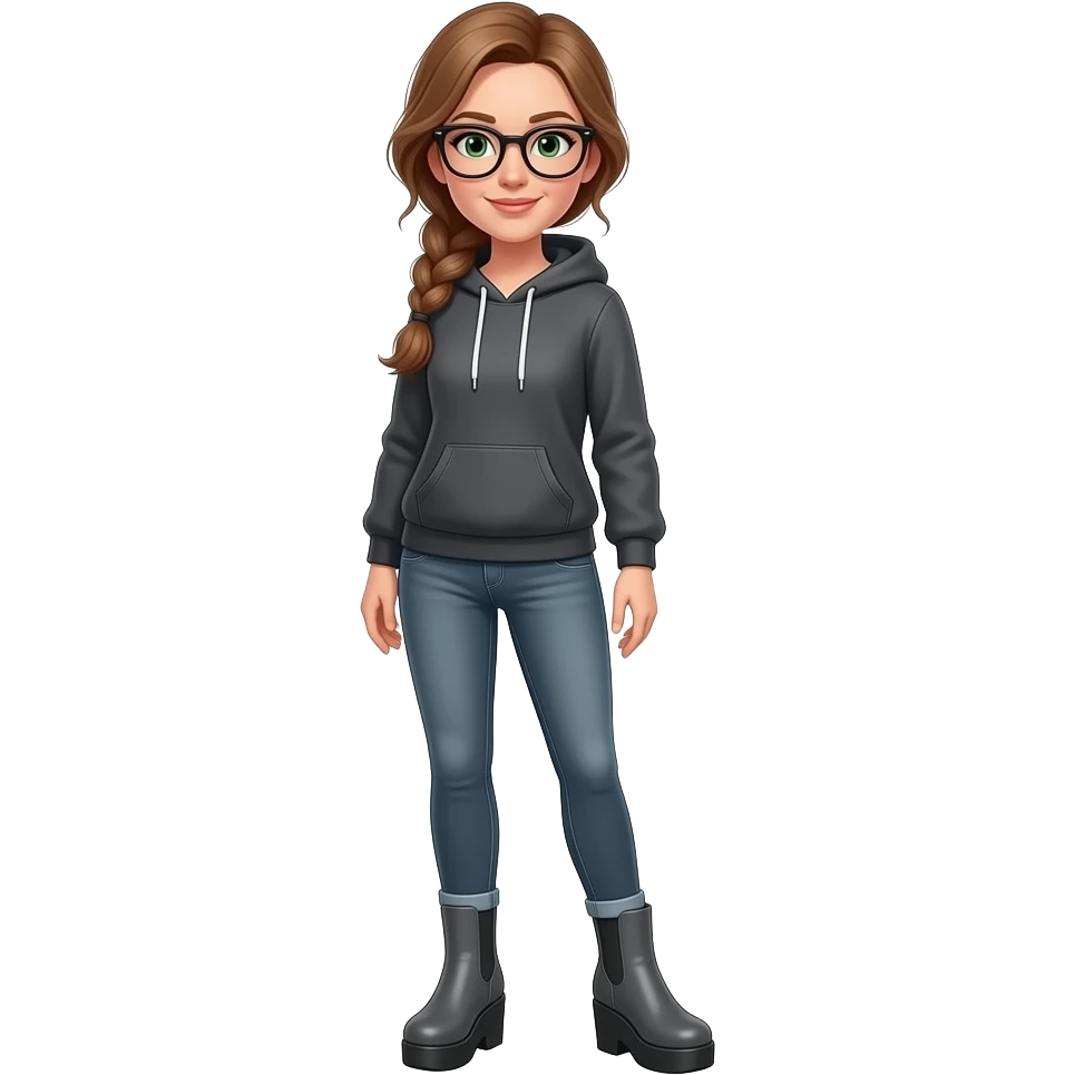 girl in 30s, light brown hair, side part, messy low side braid, green hooded eyes with glasses dark grey hoodie, gunmetal gray fitted jeans, charcoal platform wedge boot, standing emoji