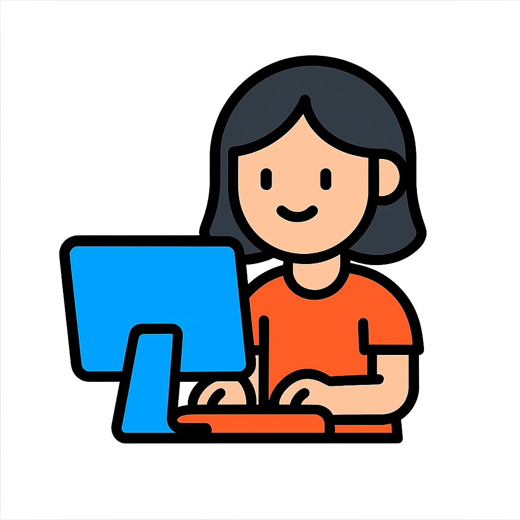 girl with black hair typing on a computer, minimal icon style emoji