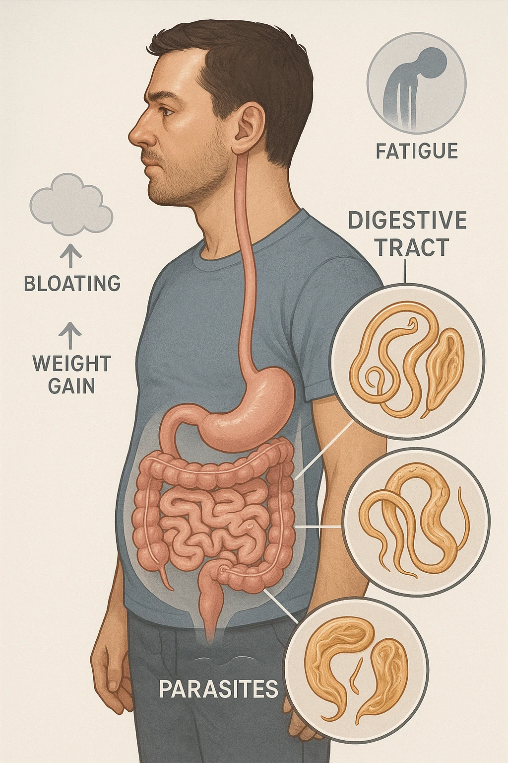 a man stands in profile, with a transparent overlay revealing his digestive tract. Inside his intestines, several enlarged, detailed representations of intestinal parasites are visible. Around the man, subtle arrows or icons indicate symptoms such as bloating, weight gain, and fatigue. The background is clinical and educational, with clear labels for anatomy and parasites. emoji