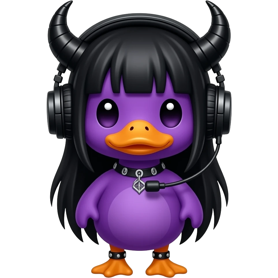 purple duck with DJ horns, black horns on the headset make it goth but a girl long black hair go back to the last pic and add long black hair to the duck to this one emoji