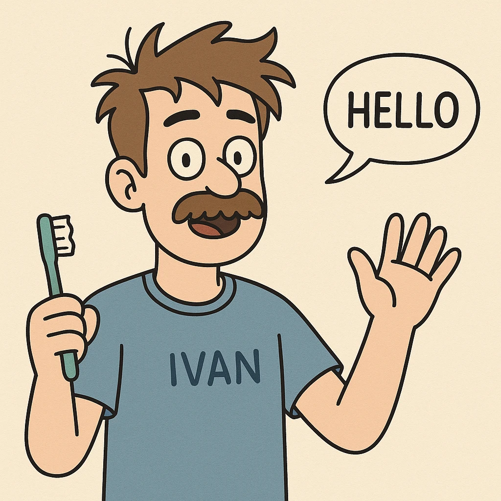 A boy brown mustache Toothbrush Bed Head hair blue ok t-shirt Ivan say hello emoji