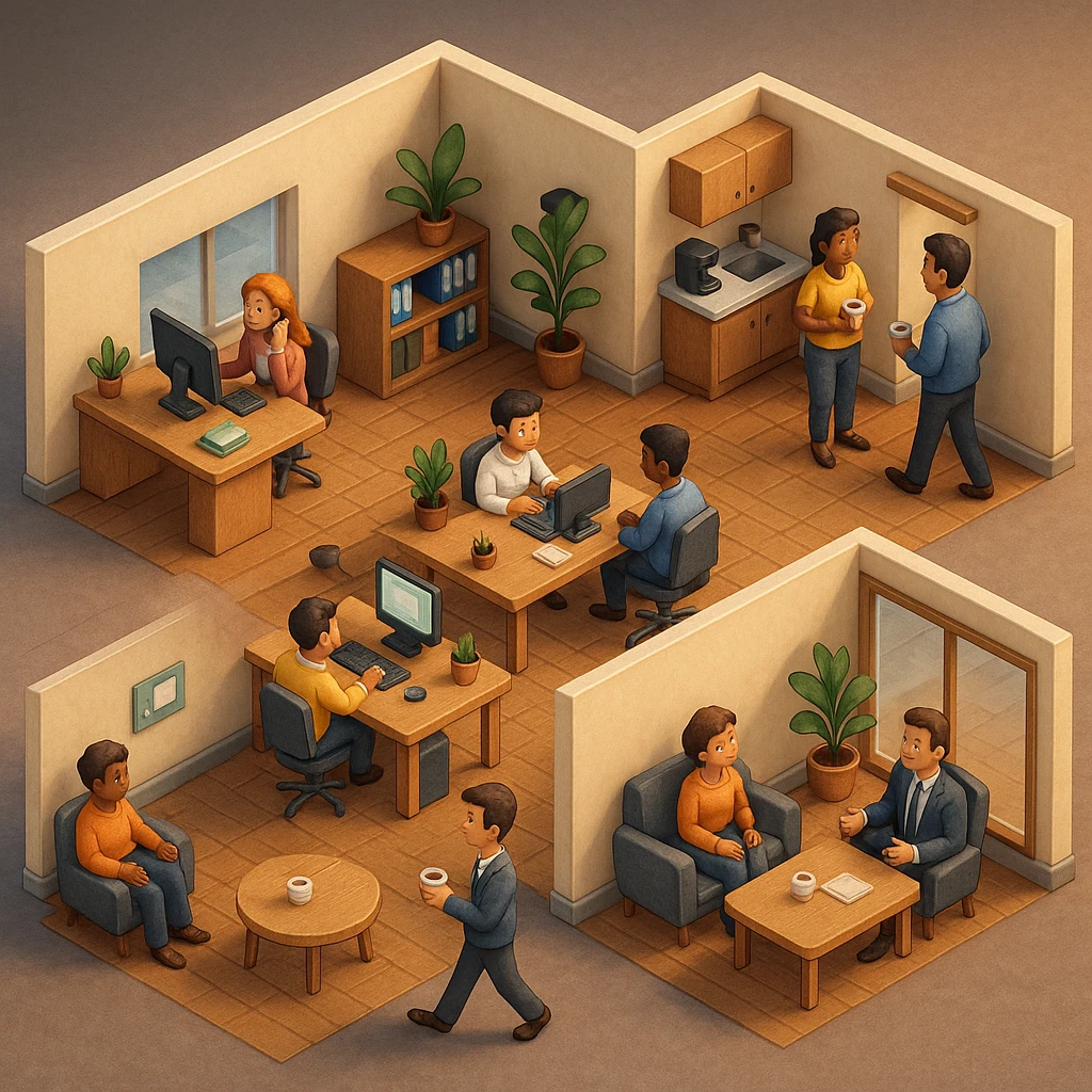 В слегка рисованном, но при этом ярком и объемном стиле - четкую, изометрическую 3D-сцену в мультяшном стиле с видом сверху под углом 45°, изображающую офис кабинетами, open space и другими характерными местами. В офисе работают люди - кто-то говорит по телефону, работает за компьютером, другие пьют кофе, сидят на общем собрании, переговори. Используйте мягкие, изысканные текстуры с реалистичными PBR-материалами и мягким, реалистичным освещением и тенями, не обрезать картинку краями кадра emoji