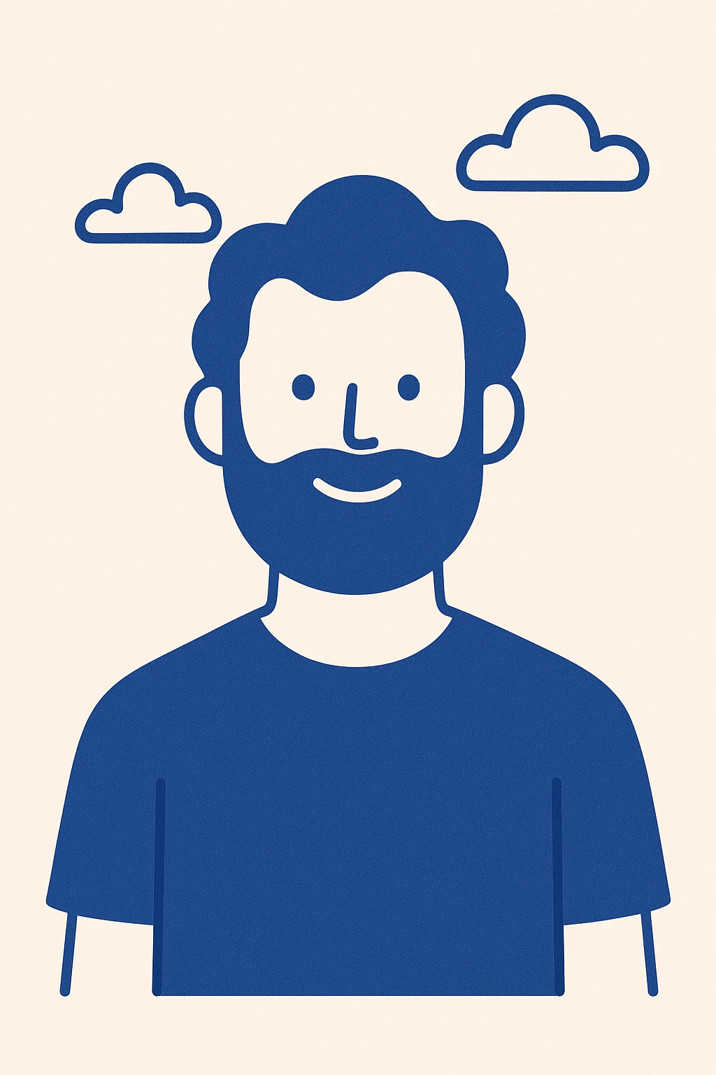 blue wavy haired bearded male, smiling, minimal background emoji