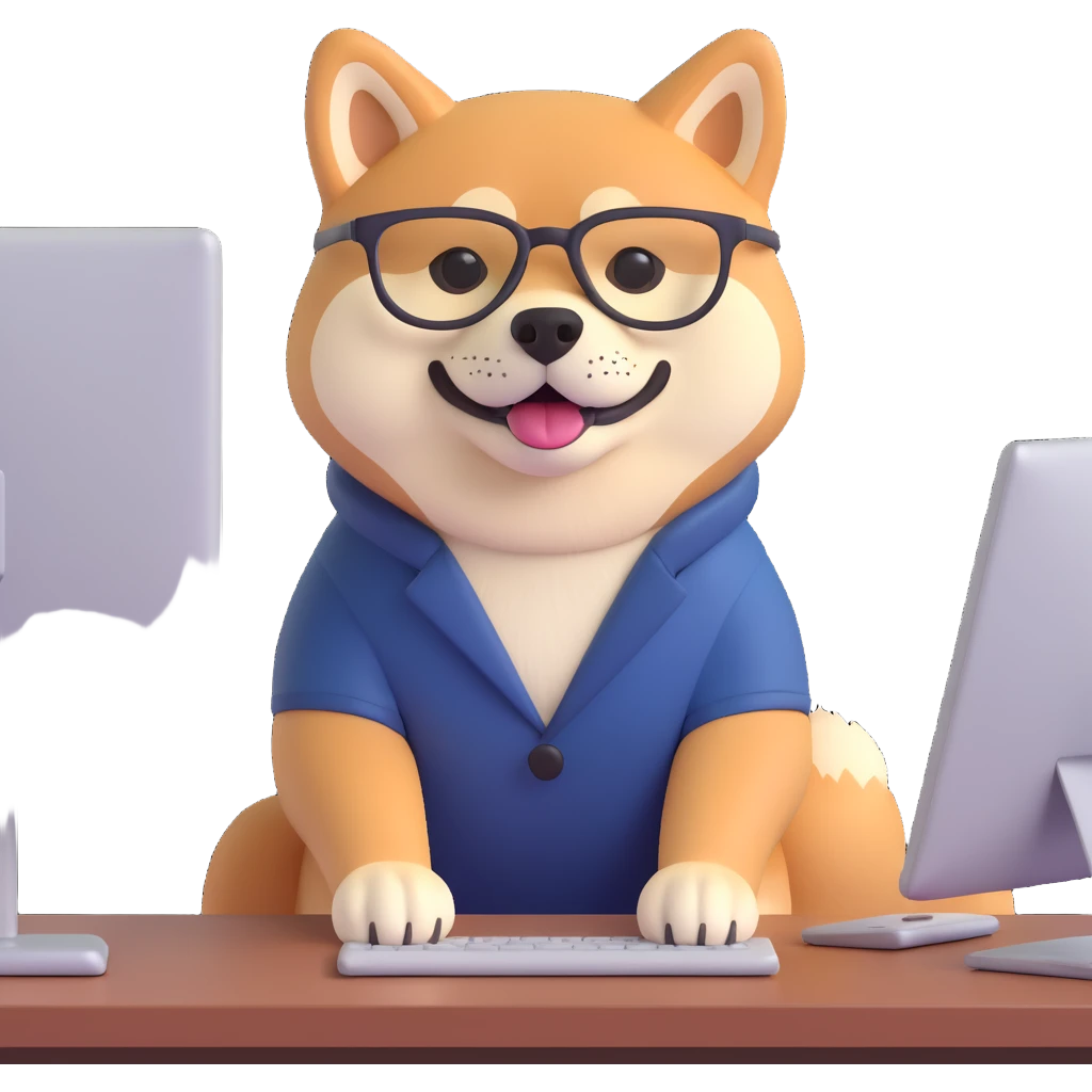 shiba inu with eye glasses and computer emoji