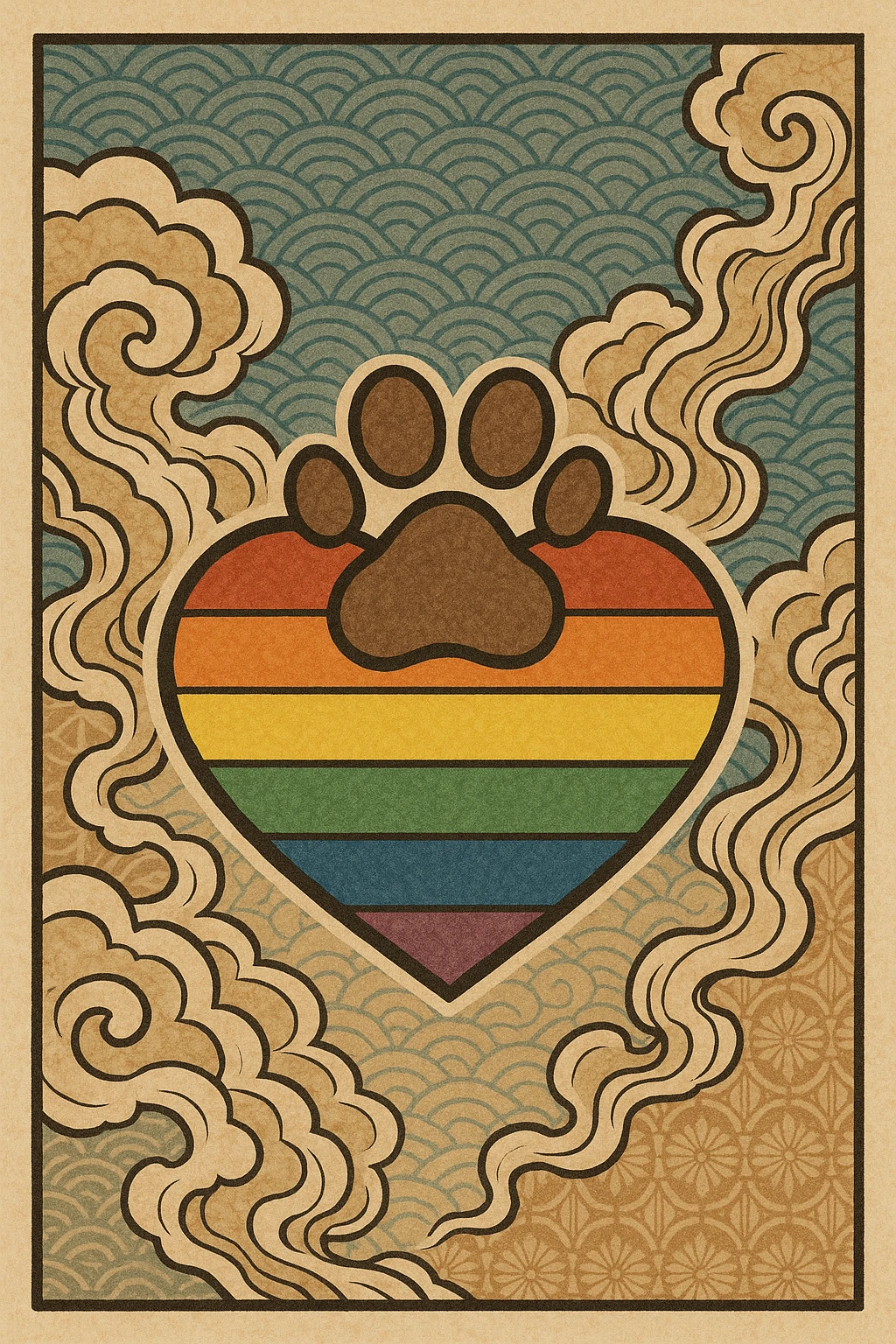 rainbow pride heart with a paw print on top, ukiyo-e style, no text emoji