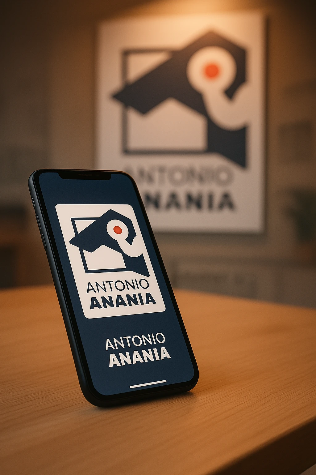 A photo of an iPhone on the desk with the logo of "Antonio Anania" on its screen, The phone sits atop a desk with a blurred with the logo in the background that suggests work environment. A faint glow from above casts gentle shadows across the surface of each object, creating depth and highlighting their textures emoji