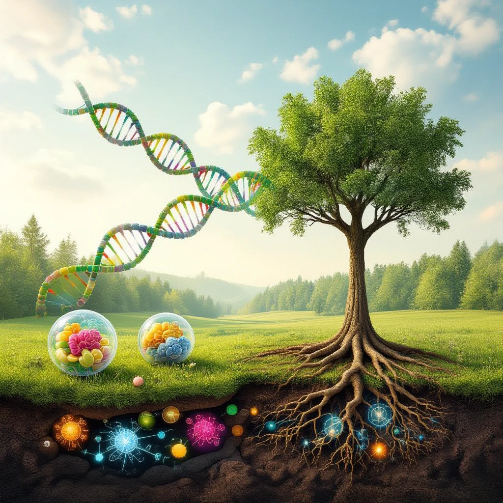 A realistic biological landscape showing: DNA strands transitioning into a tree, cells with visible organelles, neurons connected to plant roots  and a balanced ecosystem background . Seamless integration, no labels or borders. Scientific color scheme, detailed but minimalist. emoji