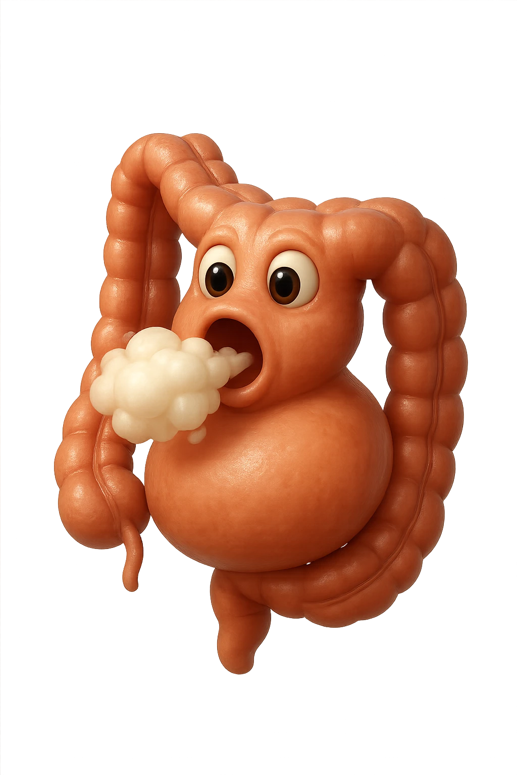 emoji stile iphone di un intestino che ingoia una nuvoletta di aria ben visibile e gli si gonfia la pancia, non fargli il naso, iperrealistico 4k emoji