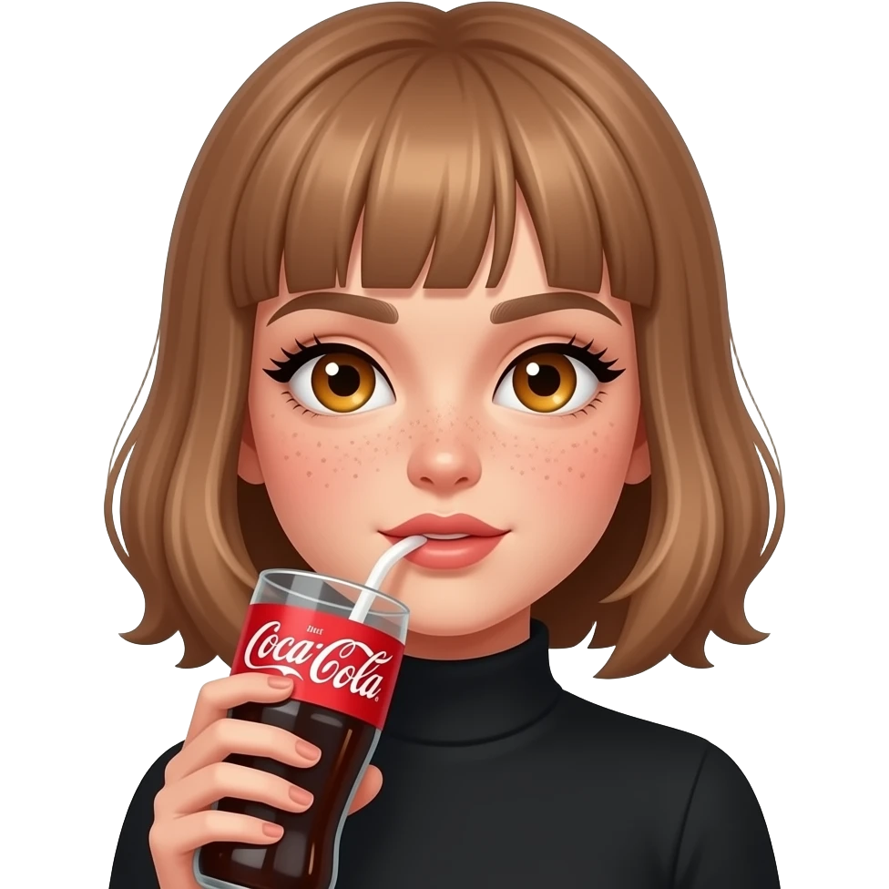 girl with light brown hair and curtain bangs with amber eyes drinking a diet coke wearing a black turtle neck and she has freckles and thick eyelashes emoji