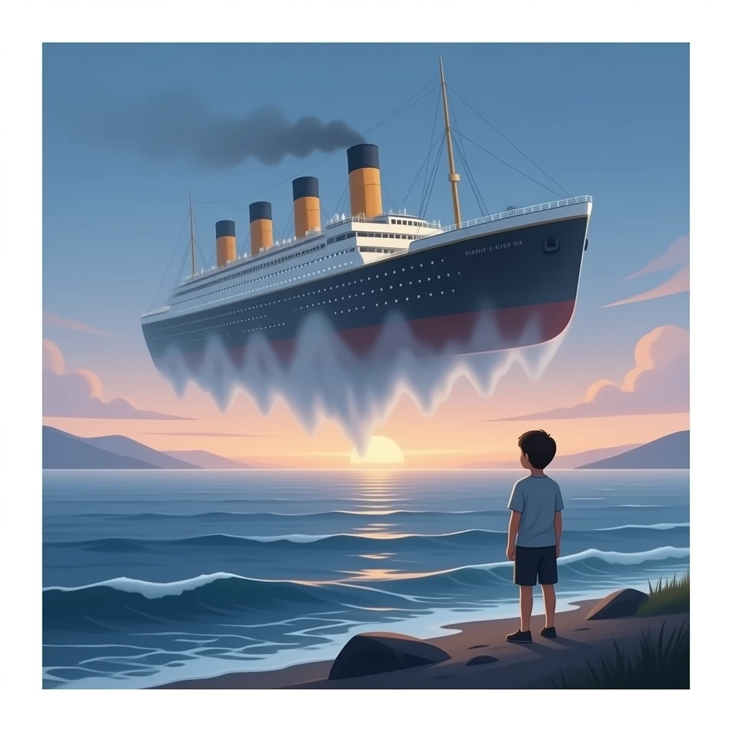 The ghostly ship Titanic hovers above the sea as a boy on the shore watches the scene emoji