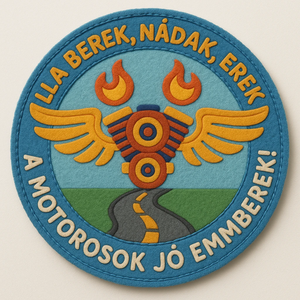 Edit the image to have the exact text: 'ILLA BEREK, NÁDAK, EREK A MOTOROSOK JÓ EMBEREK!' with every letter included exactly, no hyphenation, no missing or added letters. Keep the original graphic, style, and layout. Create 10 variations with slight color or detail differences. The text on each variation should be clearly readable and prominently displayed. emoji