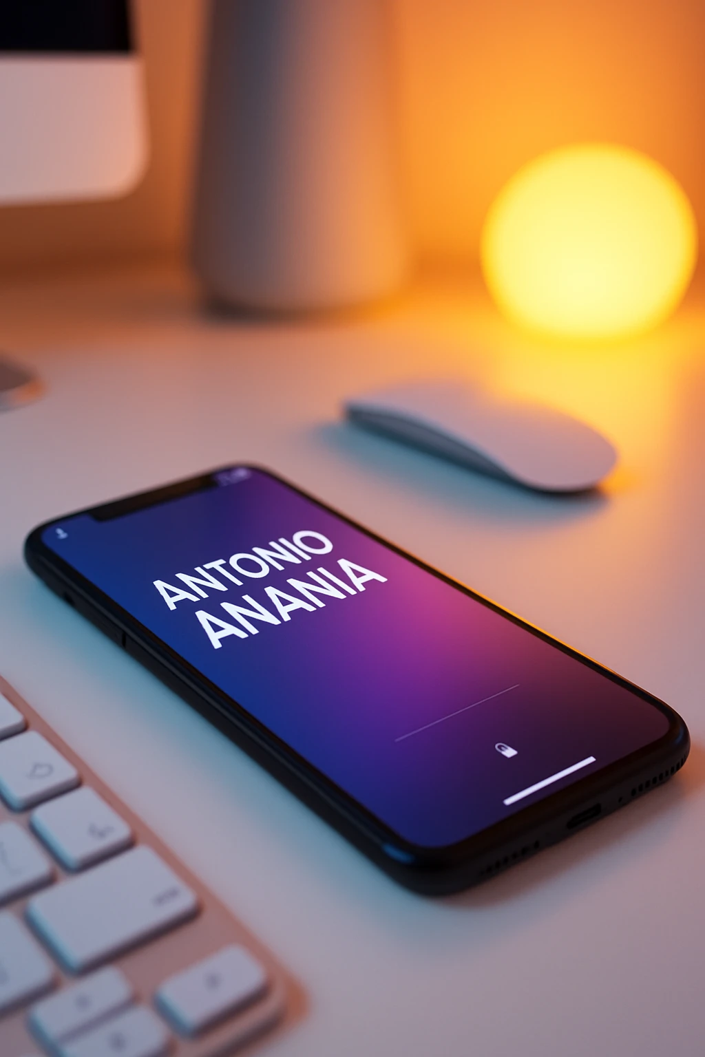 A photo of an iPhone on the desk with the message "Antonio Anania" on its screen, The phone sits atop a desk with a blurred background that suggests work environment. A faint glow from above casts gentle shadows across the surface of each object, creating depth and highlighting their textures emoji