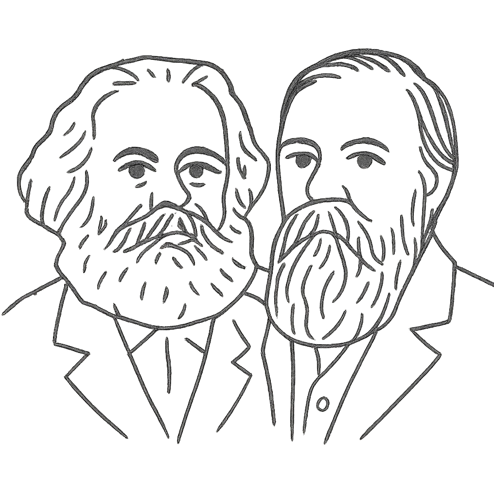 a black outline portrait of Karl Marx and Engels together based on a famous portrait of them, with eyes the same size and noses less abrupt emoji