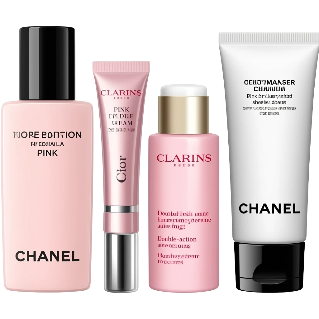 Chanel Pink Lotion, Dior Pink Eye Cream, Clarins Double-Action Serum, and Chanel Cleanser, with a sheet mask next to them emoji
