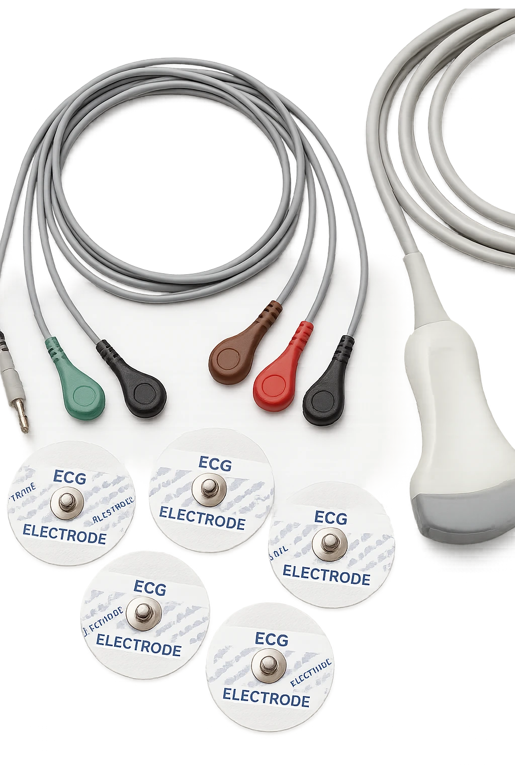 STRUMENTI MEDICI PER FARE ECG e ecocardio, iperrealistico 4k, isolato su sfondo bianco emoji