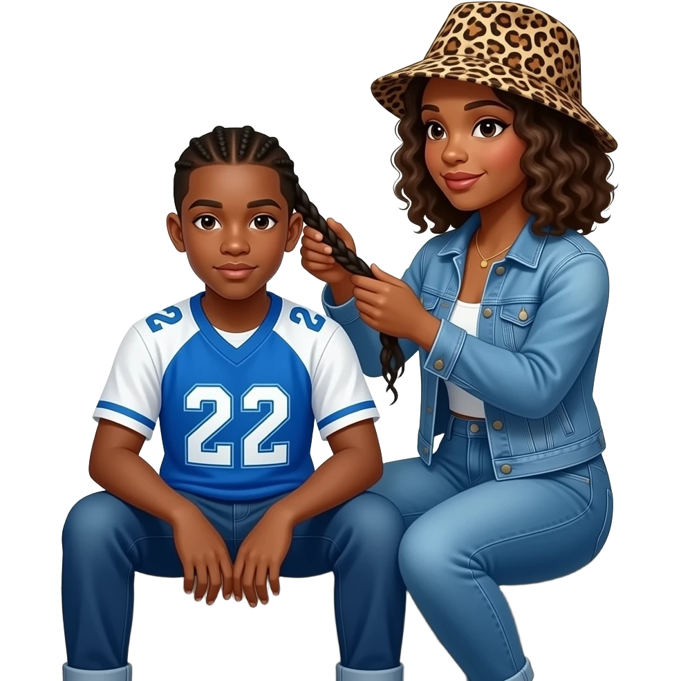 African American teenage boy sitting on porch steps wearing blue and white jersey shirt with 22 on it getting cornrow braided in her by an African American dark skin woman with shoulder length curly hair wearing a leopard print bucket hat wearing denim jeans and a denim jacket emoji