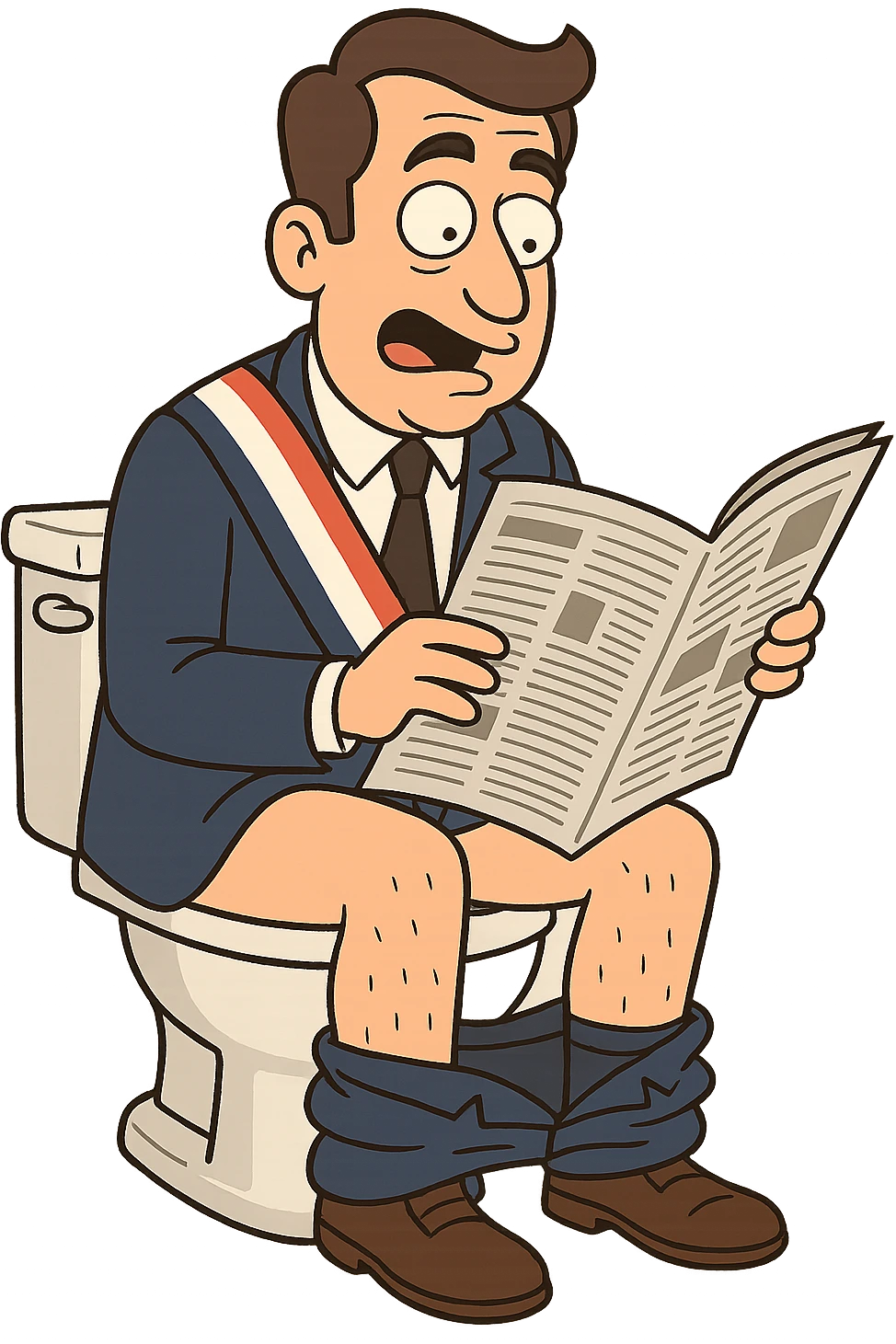 French politician in a blue suit, reading a newspaper on the toilet, comical expression, cartoon style, family-friendly emoji