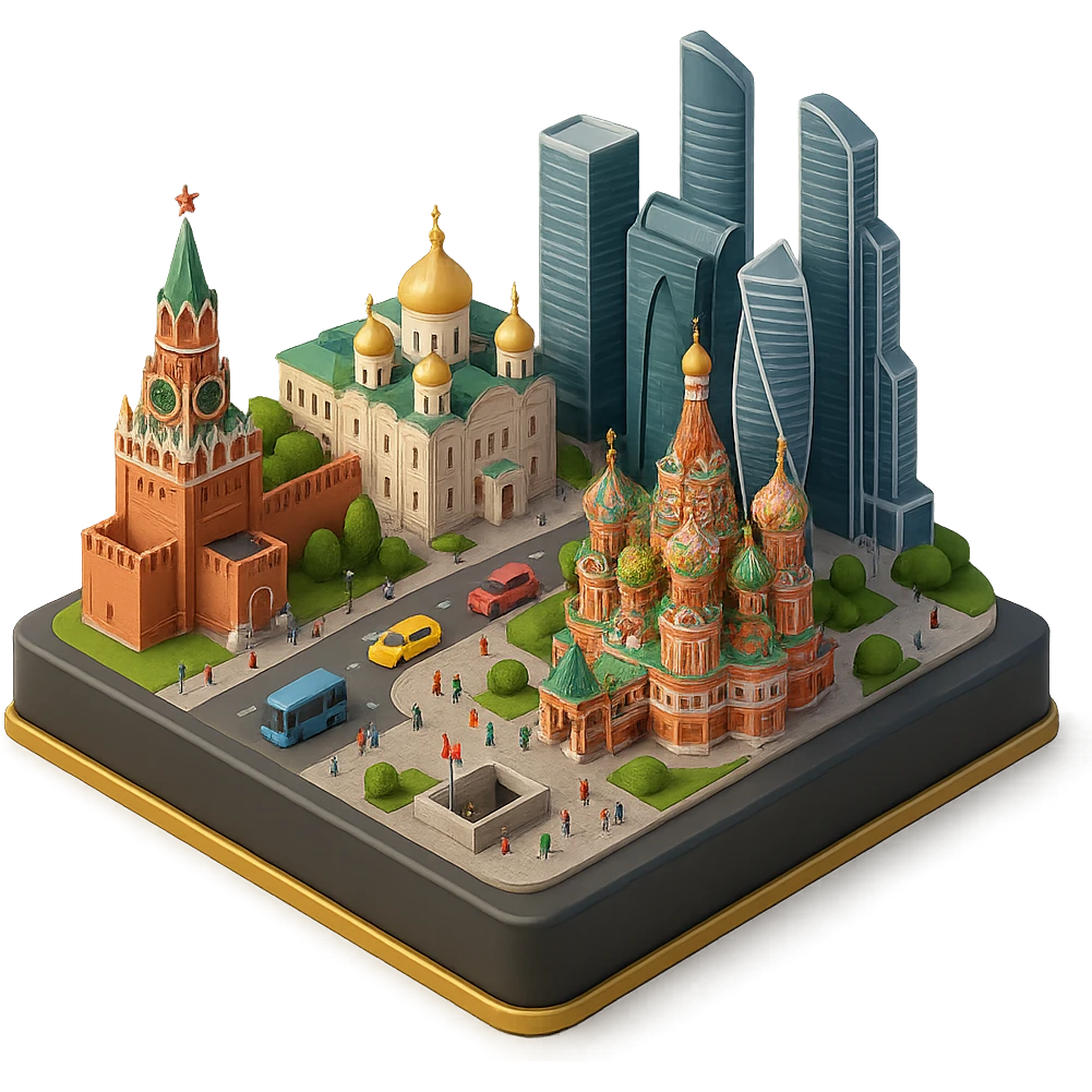 Изометричная миниатюрная 3D модель Москвы на подставке - фотореалистичный Кремль, собор Василия Блаженного, фотореалистичный Башни Москва-Сити, аккуратная детализация, яркие цвета, мультяшный реализм, гуляют люди и современный автотранспорт и метро, компактная композиция, вид сверху в изометрии emoji