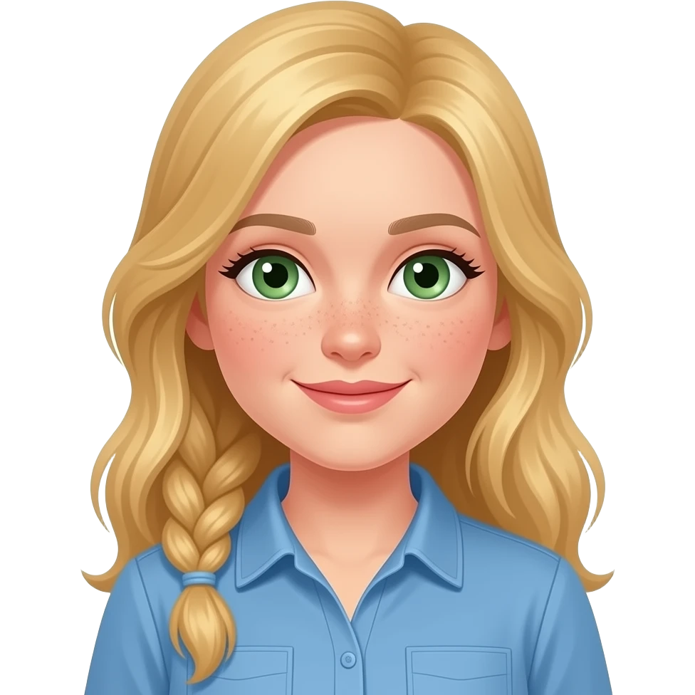 white girl green eyes blonde hair freckles farm boots and blue shirt emoji