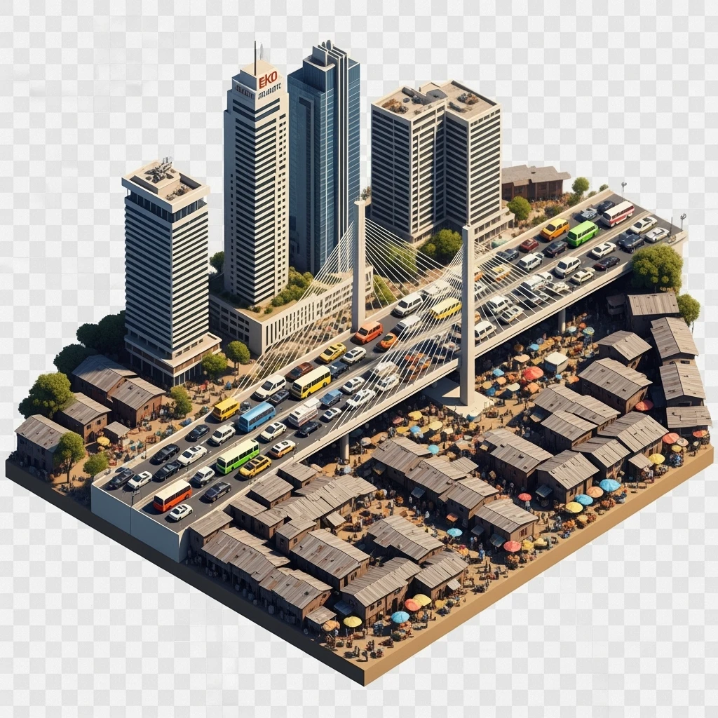 Isometric miniature of Lagos Lekki-Ikoyi Bridge, Eko Atlantic skyscrapers, Makoko slums, tin-roof shacks, chaotic markets, gridlocked traffic, 3D miniature effect and Tilt Shift effect, no cartoonish look, transparent background, don't cut angles emoji