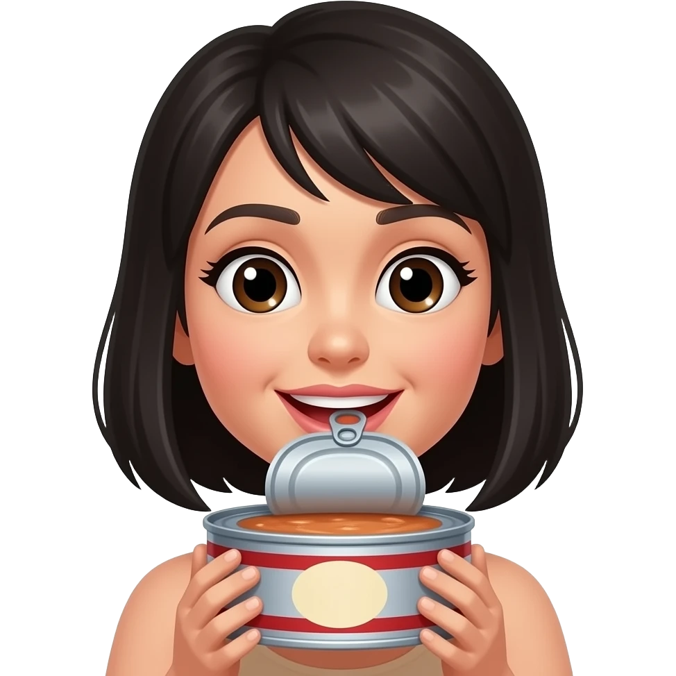 front facing vibrant woman eating from large canned food with label closeup black hair emoji