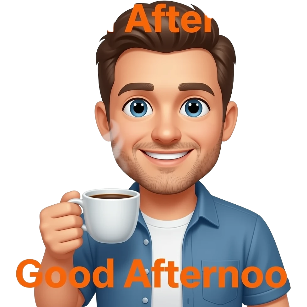 a stubbled face man smiling lifting a steaming cup of coffee close to the camera with the words 'Good Afternoon' in orange printed across the screen emoji