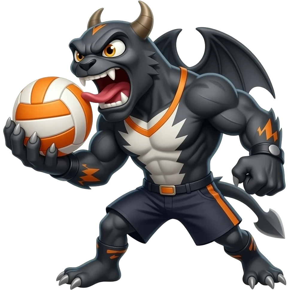 Fierce character cartoon spade emoji eating a volleyball emoji