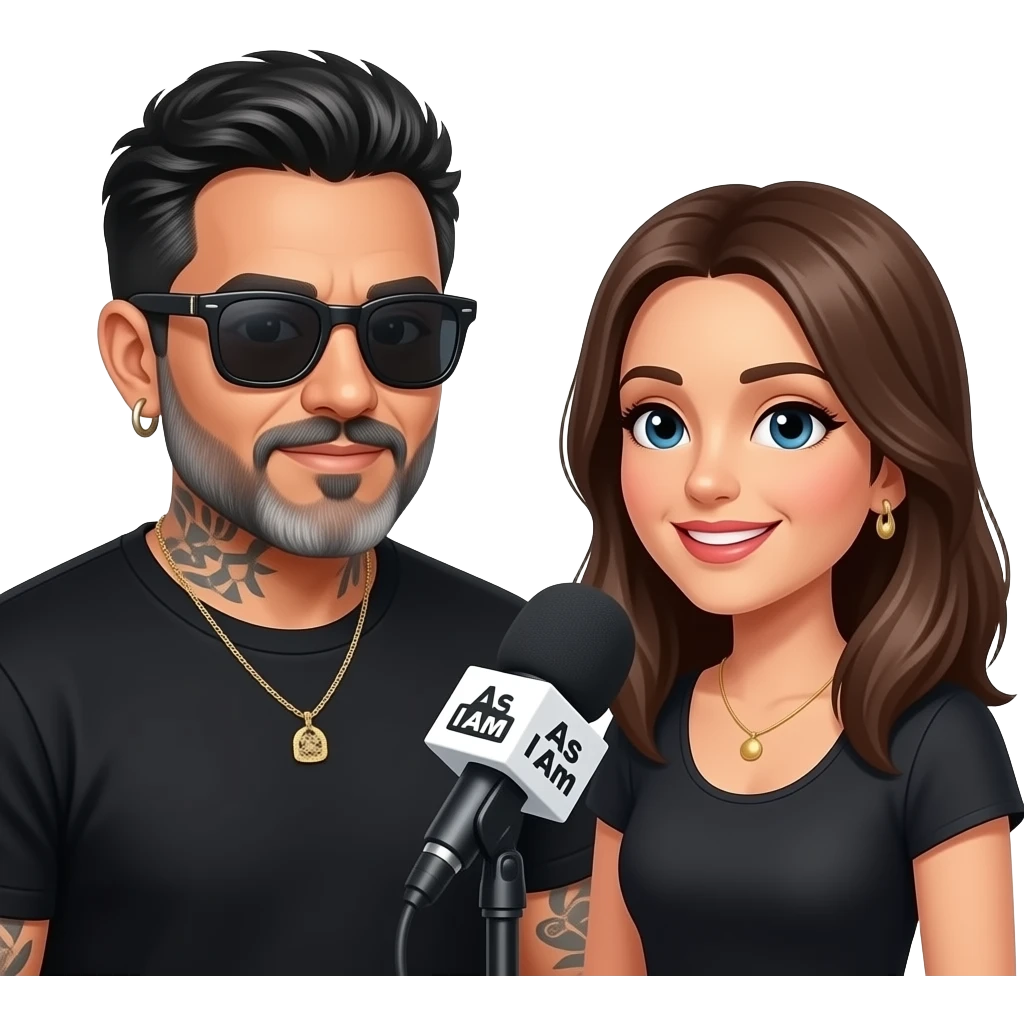 A podcast host, a handsome Latino man with medium hair, a graying beard, tattoos, hoops in his nose and ear, all in black with sunglasses, interviews a woman in front of a microphone with a logo reading "As I Am." emoji