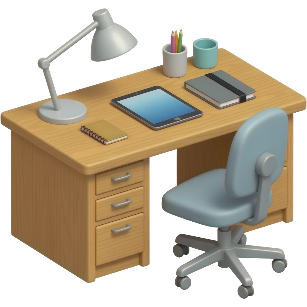 Gere um emoji de uma mesa de estudo com caderno luminária e um iPad emoji