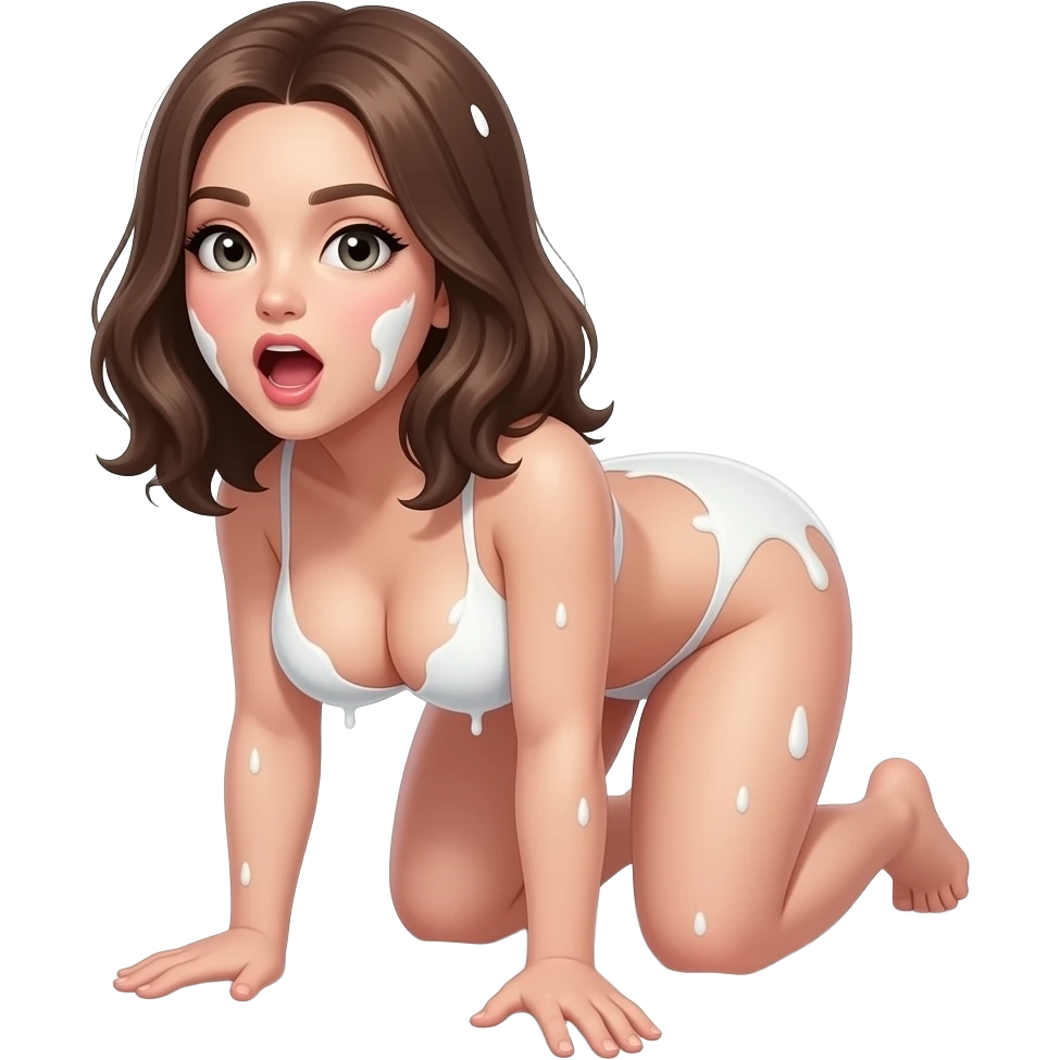 Naked girl, brunette, shoulder length hair, naked, large breasts, on all fours, mouth open, hair and face covered in milk emoji