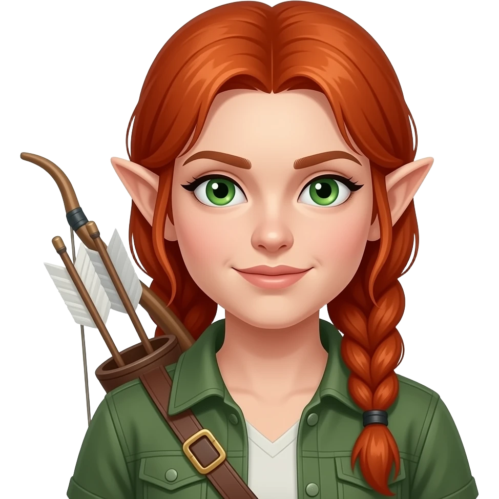 femme rousse aux yeux verts, cheveux tressés, ressemble à une elfe, archère, voleuse emoji