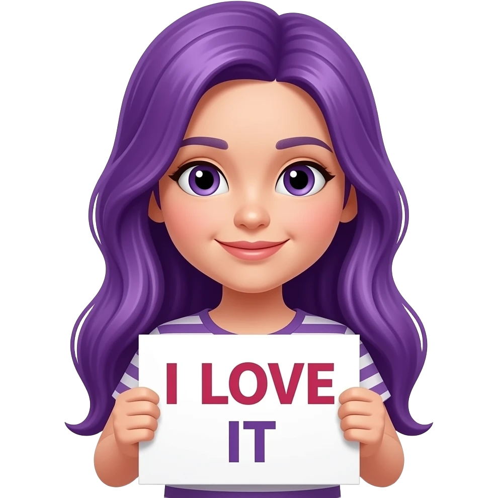 girl with long purple hair holding a I LOVE IT sign emoji