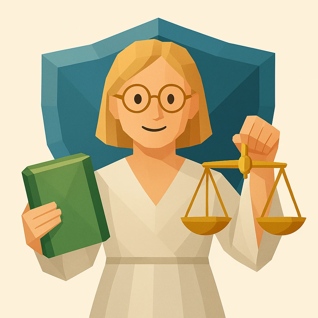 A lady with blond hair and glasses, holding a green book and a gold justice scale, with a shield in the background, in a polygonal illustration style. emoji