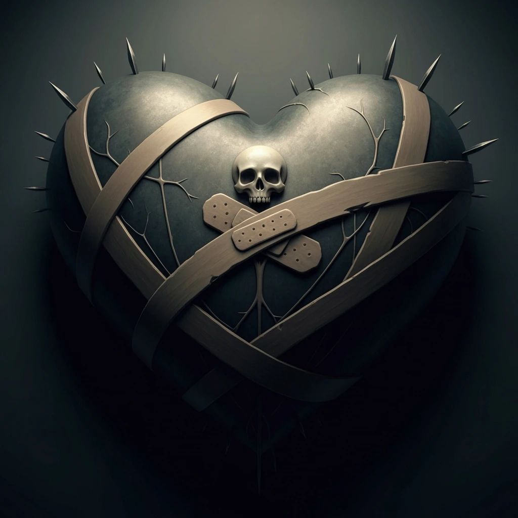 emo heart, bandaged, dark colors, subtle skull or cross motif, emotional expression emoji