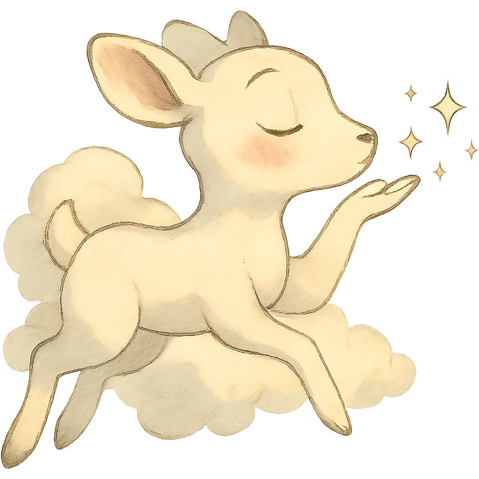 ghibli-inspired vanilla cloud doe, floating, with rosy cheeks, blowing a kiss with sparkles, soft and dreamy emoji