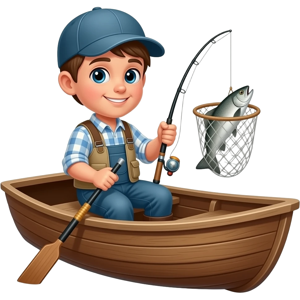a guy in a small boat with a fish in his net emoji
