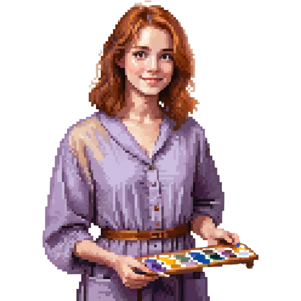 Serene female oil painter, Caucasian features, shoulder-length auburn hair, soft brown eyes, gentle smile, wearing a violet painter’s smock lightly stained with paint over a beige blouse, holding a wooden palette with vibrant colors in one hand and a brush in the other, waist-up, front-facing emoji