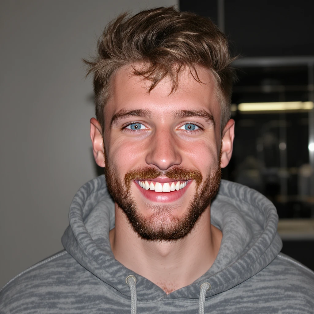 20 year old man, short scruffy beard and thin moustache, brown puffy mullet, blue eyes, big smile, white teeth, big lips, pronounced jaw, hair longer in back, sticking up on top, thin face, grey hooded sweatshirt, blue eyes emoji