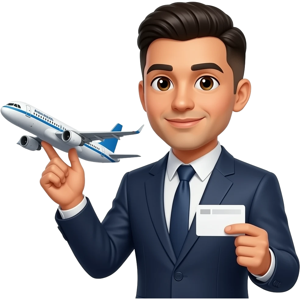 hispanic guy with a lined up bowl cut wearing a suit holding an airplane and a business card emoji