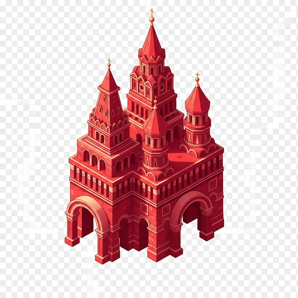 Изометричная, яркая, детализированная, объемная и фотореалистичная иллюстрация Красных ворот в Москве в красном цвете,  четкие линии, прозрачный фон emoji