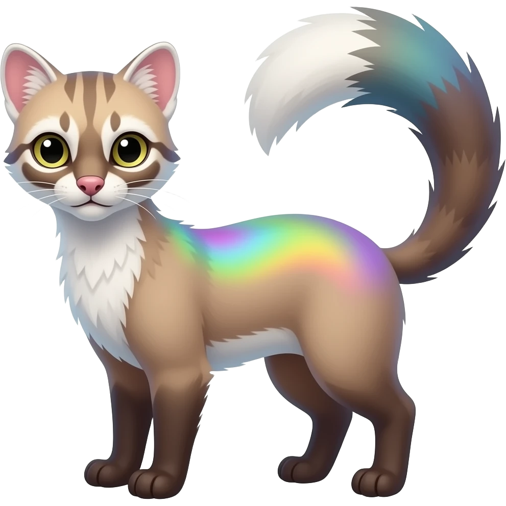 Whitish colorful iridescent genet-Fossa-civet-Feli-mustelid-creature-hybrid, full body emoji