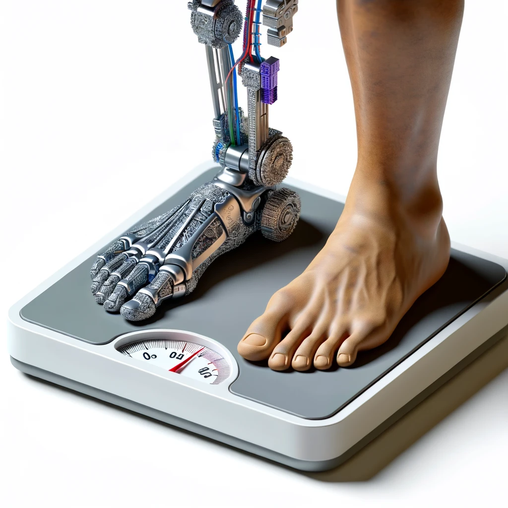 piedi di un corpo umano anatomico su una bilancia pesapersone, si sta pesando perché è ingrassato, iperrealistico 4k, isolato su sfondo bianco emoji