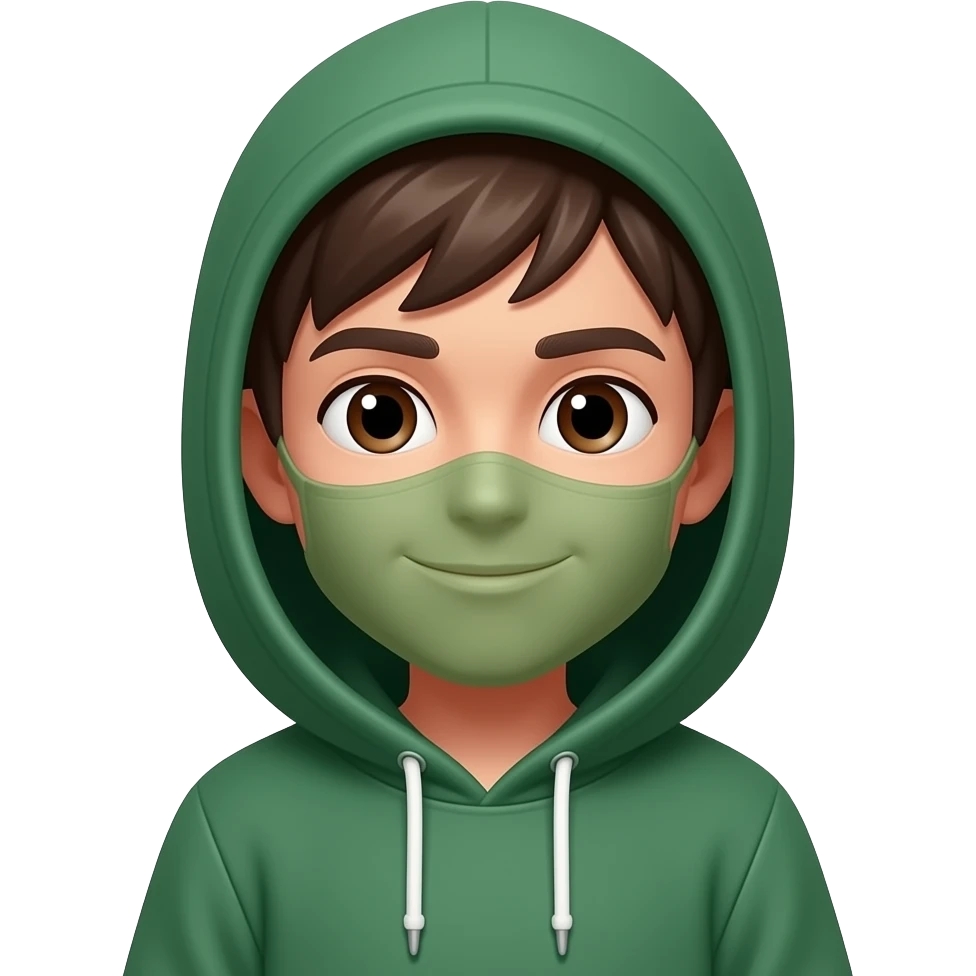 A boy with a green hoodie. Make the boy face to the right and to cover his head, face, and nose and the boys mouth shows emoji