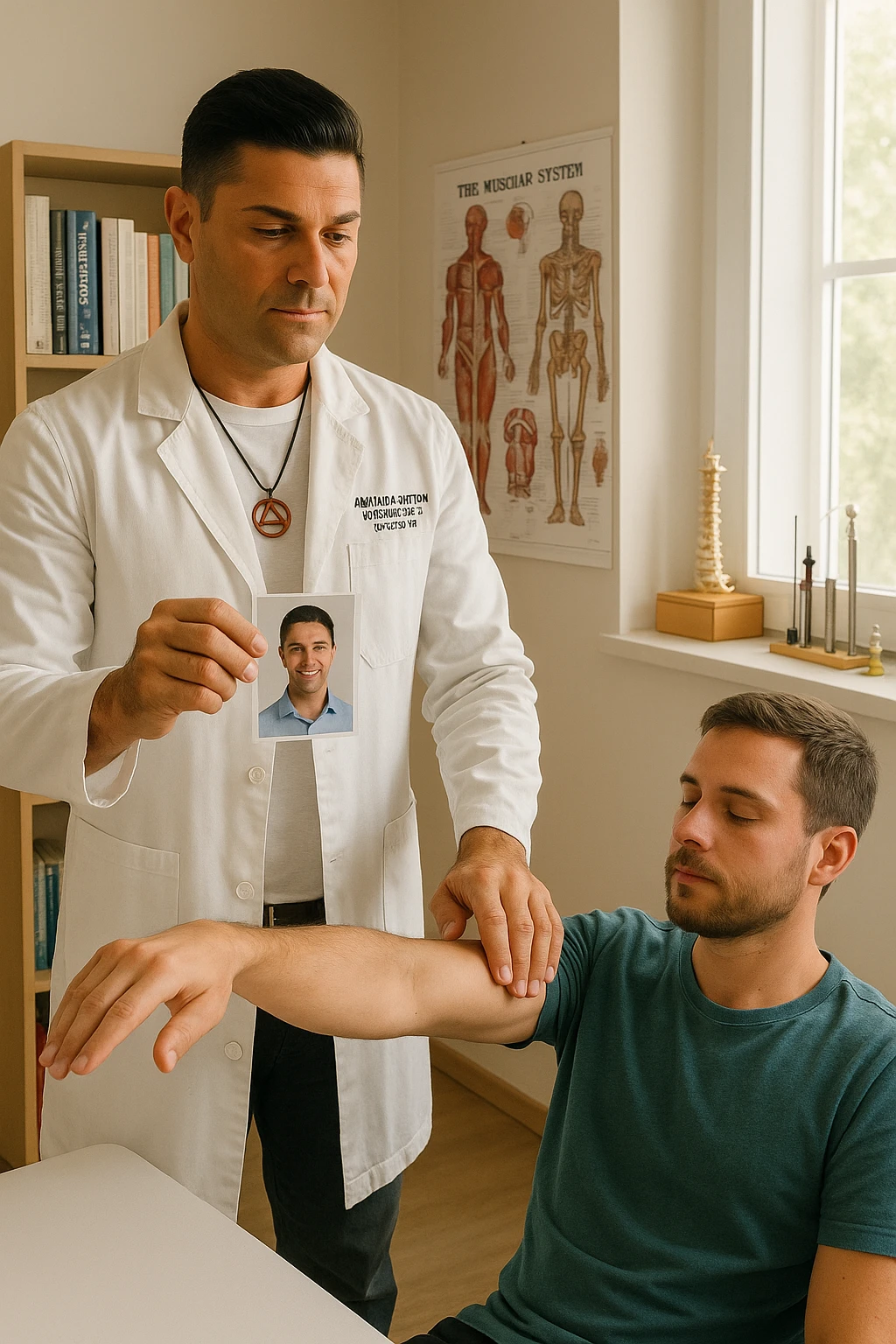 a middle-aged man, dressed in casual professional attire, is in a bright, organized therapy studio. Durante una visita di kinesiologia, il testimone tiene con una mano la foto di una persona lontana (il “testimone”) tiene la foto in mano, mentre con l’altra mano esegue un test muscolare su un cliente presente. Sullo sfondo si vedono libri di kinesiologia, poster anatomici e strumenti tipici della disciplina. L’atmosfera è concentrata e serena, con luce naturale che entra dalla finestra, sottolineando l’aspetto alternativo e umano della pratica. emoji