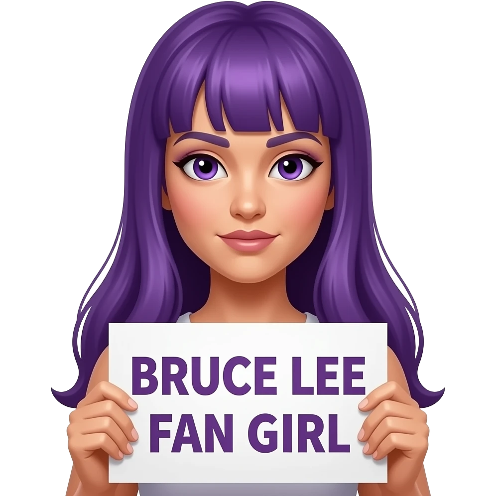 sexy girl with long purple hair and purple eyes holding BRUCE LEE FAN GIRL sign emoji